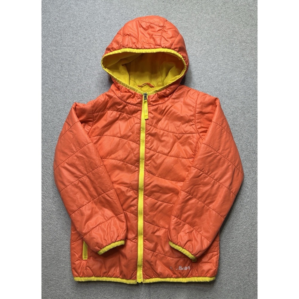 L.L. Bean Size 6x/7 Kids Orange Puffer Packable Jacket with Yellow Trim